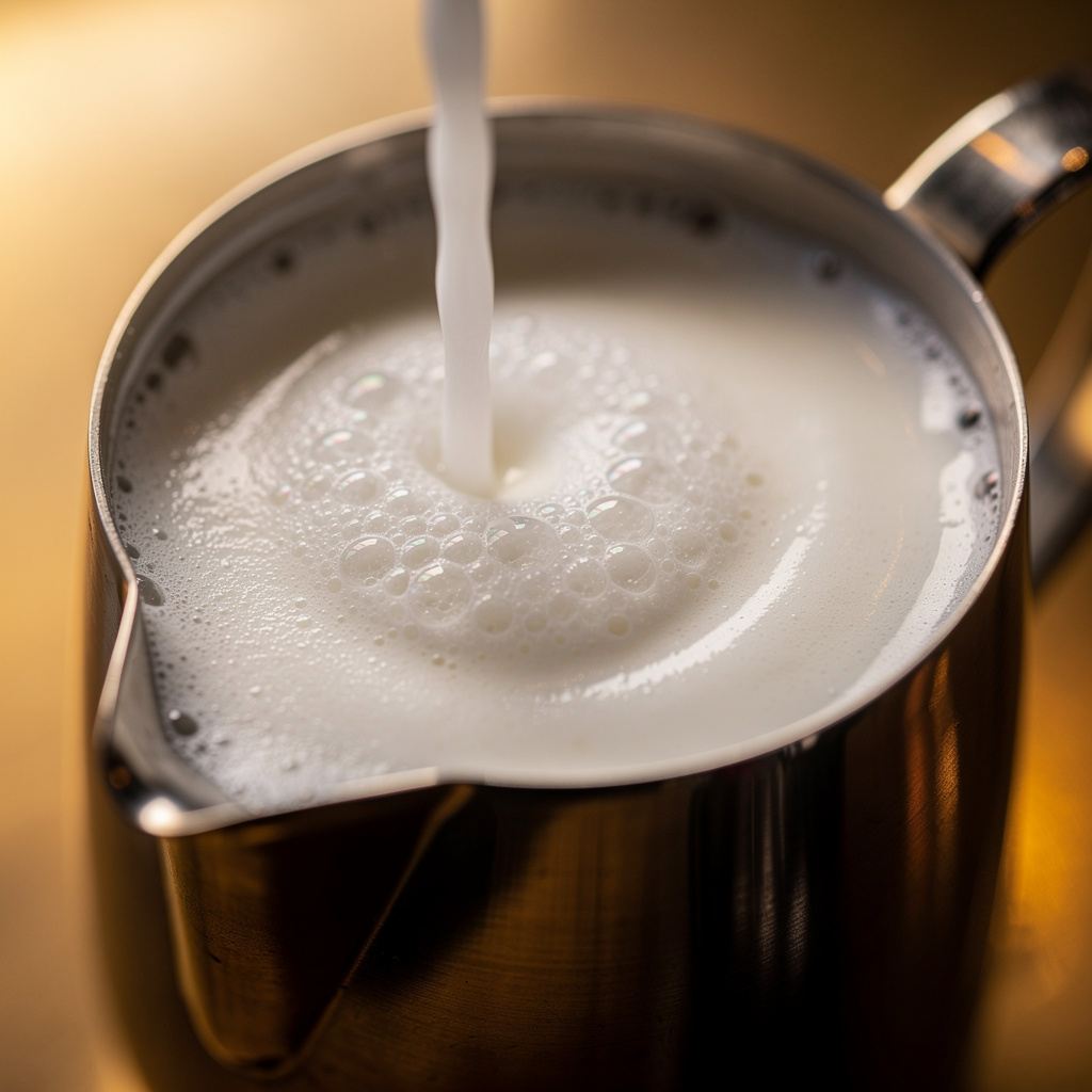 Barista steaming milk in a stainless pitcher next to an espresso machine