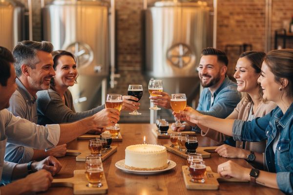 A group celebrating a birthday at a long wooden table in a brewery taproom