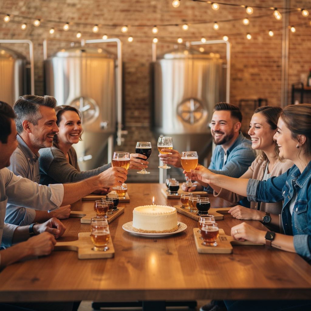 A group celebrating a birthday at a long wooden table in a brewery taproom