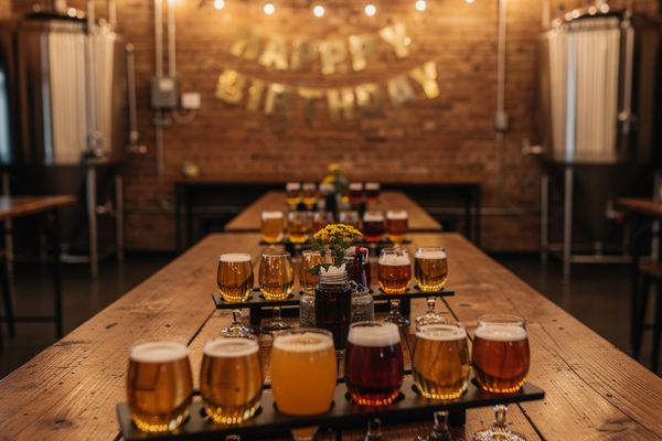 Long wooden table set with beer glasses and birthday decorations in a brewery hall