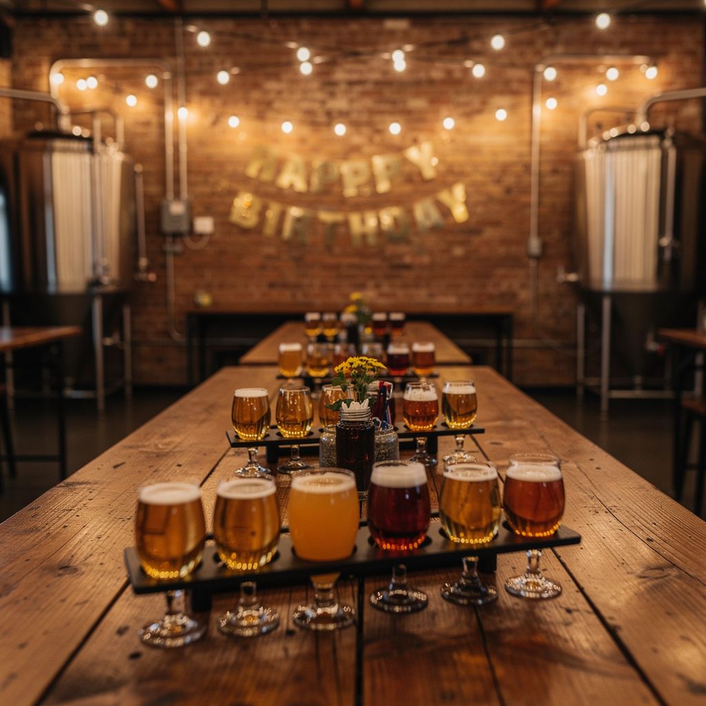 Long wooden table set with beer glasses and birthday decorations in a brewery hall