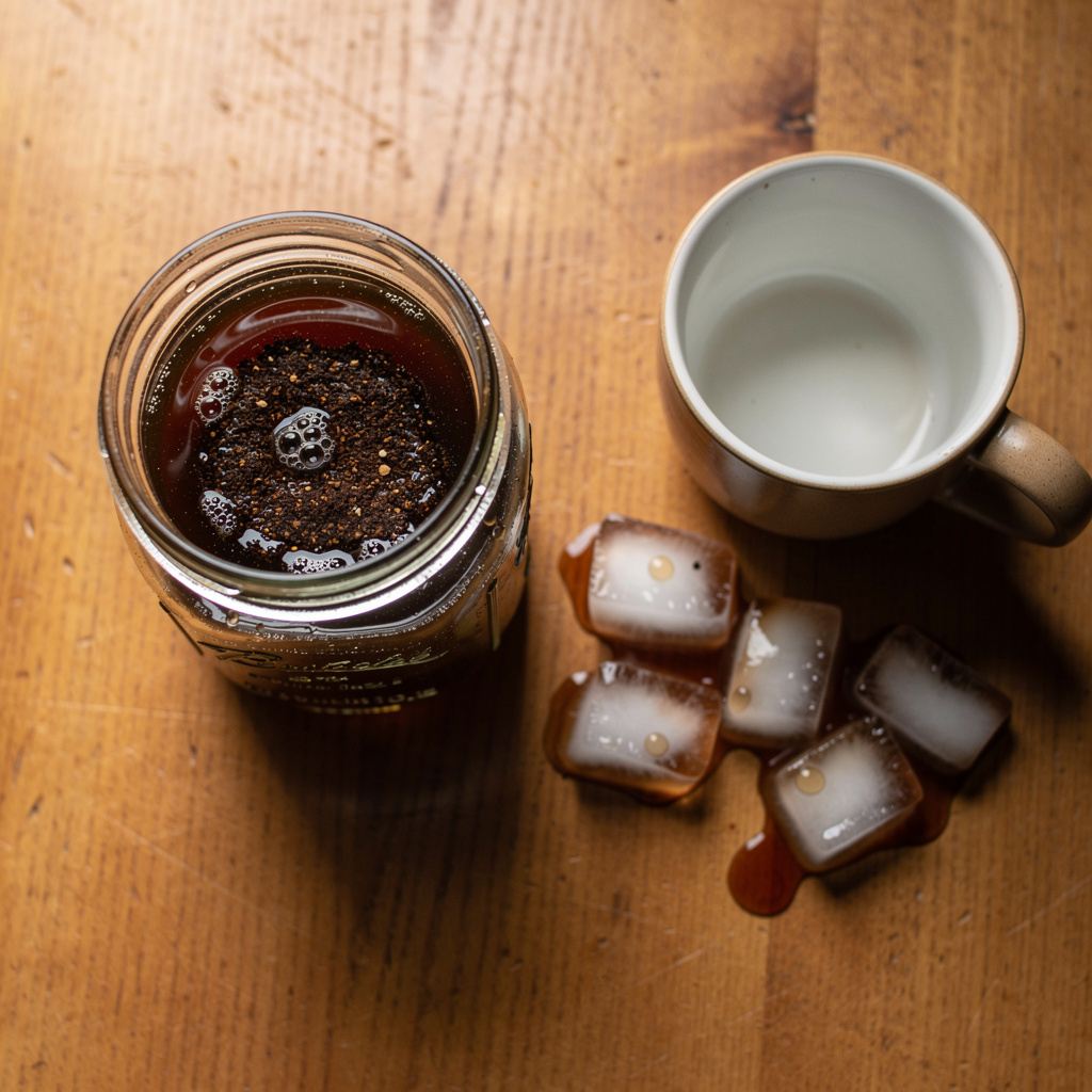 A glass jar of cold brew coffee steeping with coffee grounds on a kitchen counter