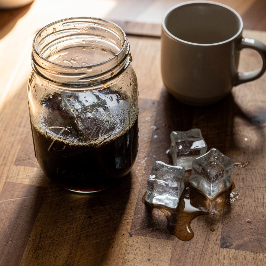 A glass jar of cold brew coffee steeping with coffee grounds on a kitchen counter