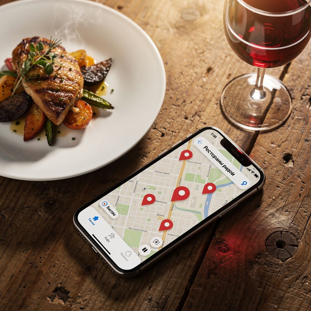 A phone showing a restaurant map search next to a plate of food on a wooden table