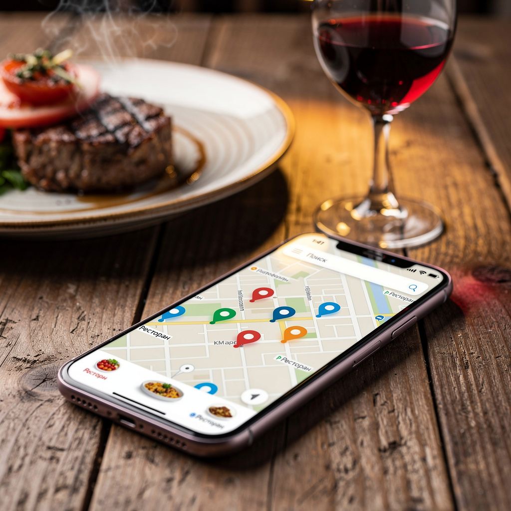A phone showing a restaurant map search next to a plate of food on a wooden table