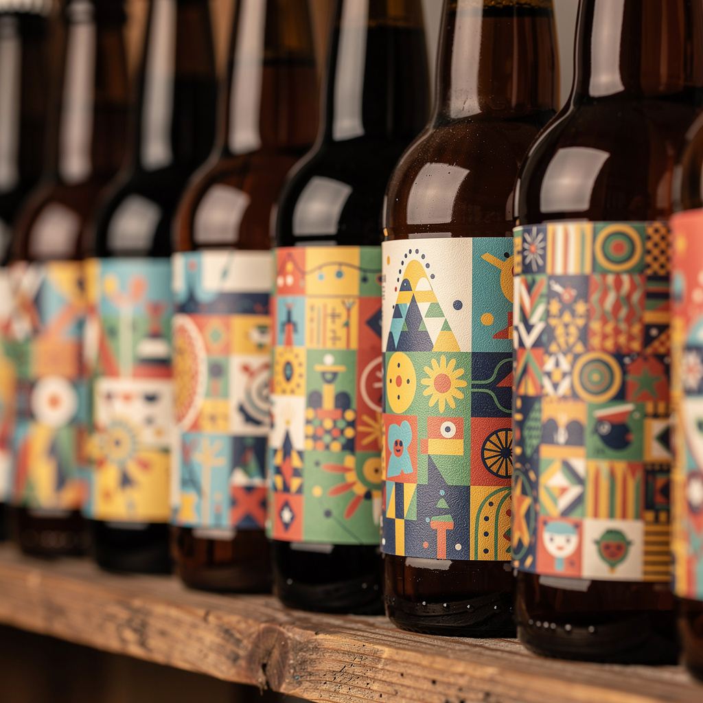 Close-up of craft beer bottle labels lined up on a shelf