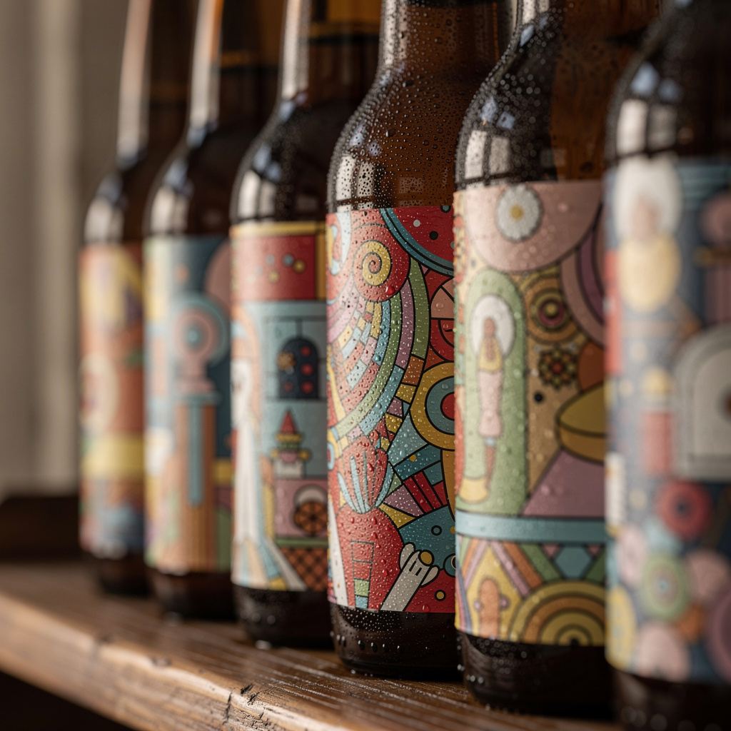 Close-up of craft beer bottle labels lined up on a shelf