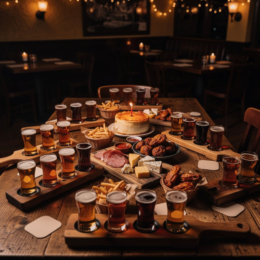 A long wooden pub table covered with beer flights, shared platters, and a small cake during a party